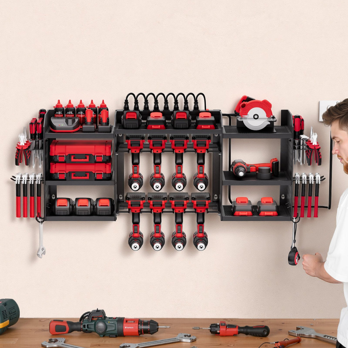 VEVOR Power Tool Organizer with Charging Station, 3-Layer Power Tool Battery Storage Rack with 5.58 ft Power Strip, 8 Drill Holders & 8 Outlets, Garage Tool Organizer for Garage, Workbench, Workshop - DDGJJTZZHK3CVVSYL002V1 - view 9