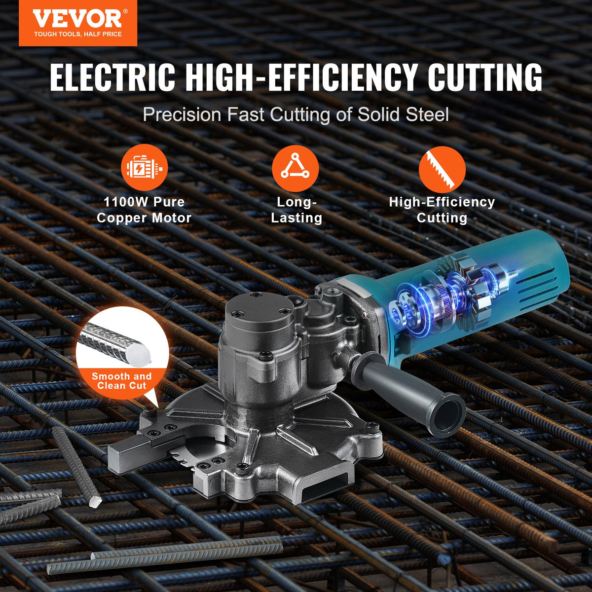 VEVOR Electric Rebar Cutter, 1100W Portable Rebar Cutter, Cutting up to 3/2 inch (4-40mm) Rebar, High Power Steel Concrete Rebar Cutter with Auxiliary Small Handle Tool Case, RD-10 - DDGJQGJ1100WROSKSV1 - view 3