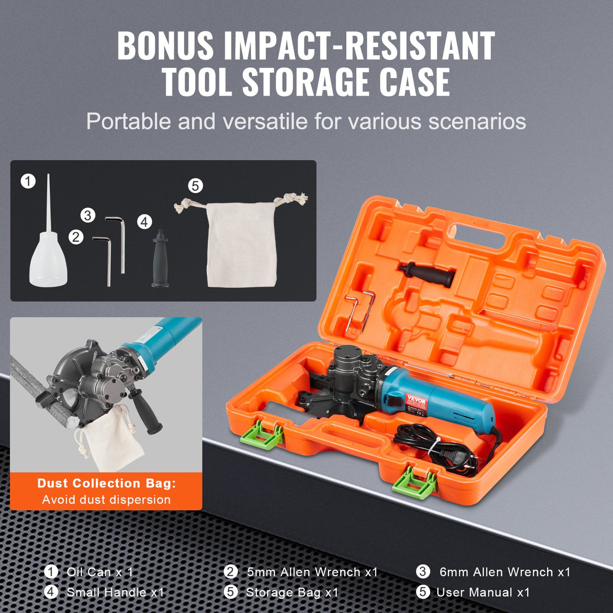 VEVOR Electric Rebar Cutter, 1100W Portable Rebar Cutter, Cutting up to 3/2 inch (4-40mm) Rebar, High Power Steel Concrete Rebar Cutter with Auxiliary Small Handle Tool Case, RD-10 - DDGJQGJ1100WROSKSV1 - view 4
