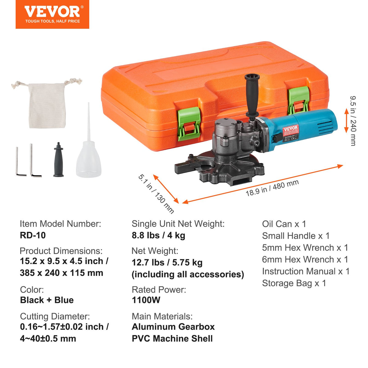 VEVOR Electric Rebar Cutter, 1100W Portable Rebar Cutter, Cutting up to 3/2 inch (4-40mm) Rebar, High Power Steel Concrete Rebar Cutter with Auxiliary Small Handle Tool Case, RD-10 - DDGJQGJ1100WROSKSV1 - view 8