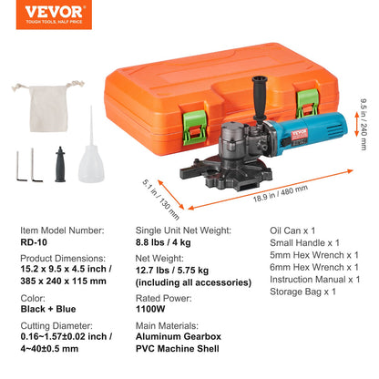 VEVOR Electric Rebar Cutter, 1100W Portable Rebar Cutter, Cutting up to 3/2 inch (4-40mm) Rebar, High Power Steel Concrete Rebar Cutter with Auxiliary Small Handle Tool Case, RD-10 - DDGJQGJ1100WROSKSV1 - view 8