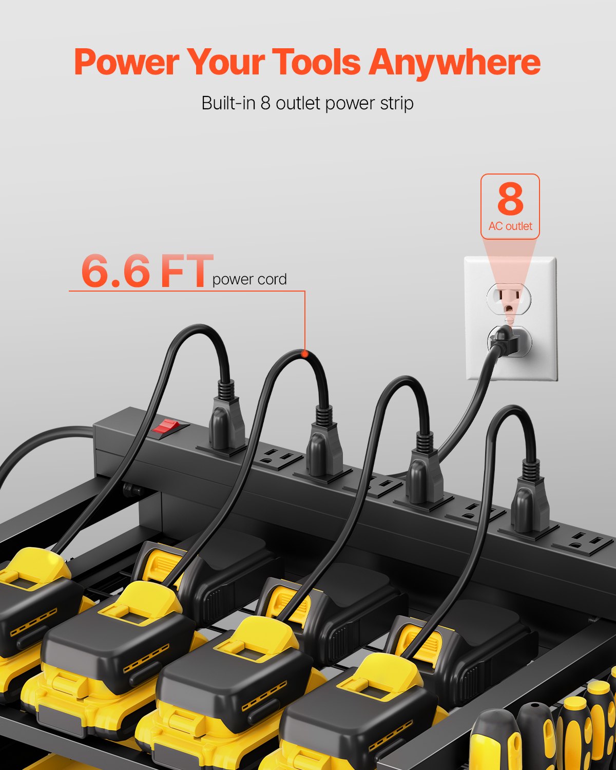 VEVOR 4-tier Tool Organizer Cart with Charging Station, 8 AC Outlet, Floor Stand Rolling Drill Holder and Tool Battery Storage Rack on Wheels, Garage Floor Rolling Storage Cart for Workshop, Garage - DDGJSNCDPC4CGN2YJV1 - view 3