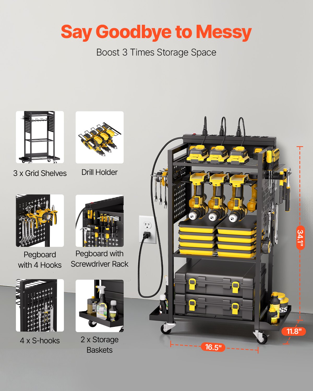 VEVOR 4-tier Tool Organizer Cart with Charging Station, 8 AC Outlet, Floor Stand Rolling Drill Holder and Tool Battery Storage Rack on Wheels, Garage Floor Rolling Storage Cart for Workshop, Garage - DDGJSNCDPC4CGN2YJV1 - view 4