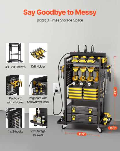 VEVOR 4-tier Tool Organizer Cart with Charging Station, 8 AC Outlet, Floor Stand Rolling Drill Holder and Tool Battery Storage Rack on Wheels, Garage Floor Rolling Storage Cart for Workshop, Garage - DDGJSNCDPC4CGN2YJV1 - view 4