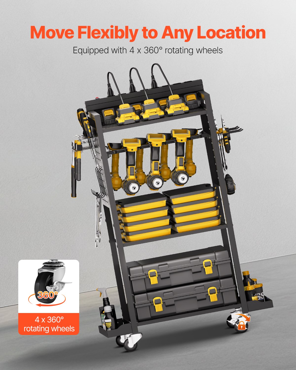 VEVOR 4-tier Tool Organizer Cart with Charging Station, 8 AC Outlet, Floor Stand Rolling Drill Holder and Tool Battery Storage Rack on Wheels, Garage Floor Rolling Storage Cart for Workshop, Garage - DDGJSNCDPC4CGN2YJV1 - view 5