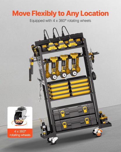VEVOR 4-tier Tool Organizer Cart with Charging Station, 8 AC Outlet, Floor Stand Rolling Drill Holder and Tool Battery Storage Rack on Wheels, Garage Floor Rolling Storage Cart for Workshop, Garage - DDGJSNCDPC4CGN2YJV1 - view 5