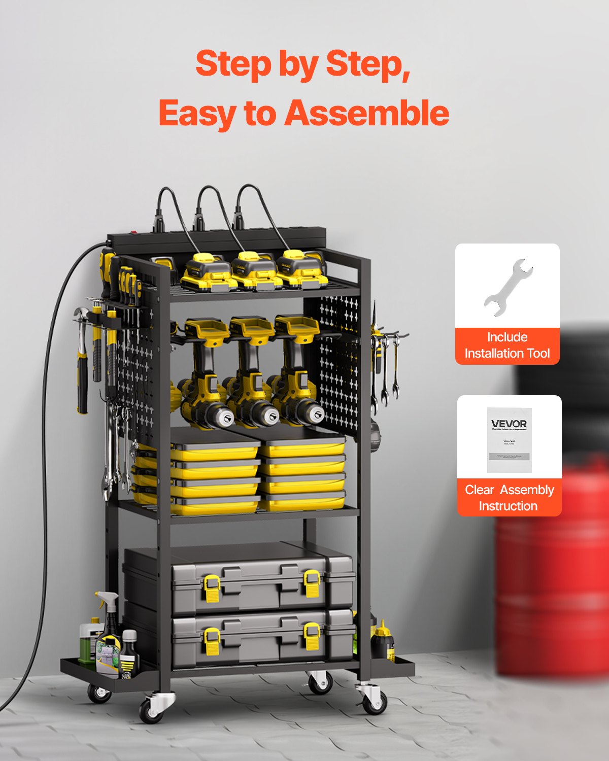 VEVOR 4-tier Tool Organizer Cart with Charging Station, 8 AC Outlet, Floor Stand Rolling Drill Holder and Tool Battery Storage Rack on Wheels, Garage Floor Rolling Storage Cart for Workshop, Garage - DDGJSNCDPC4CGN2YJV1 - view 7