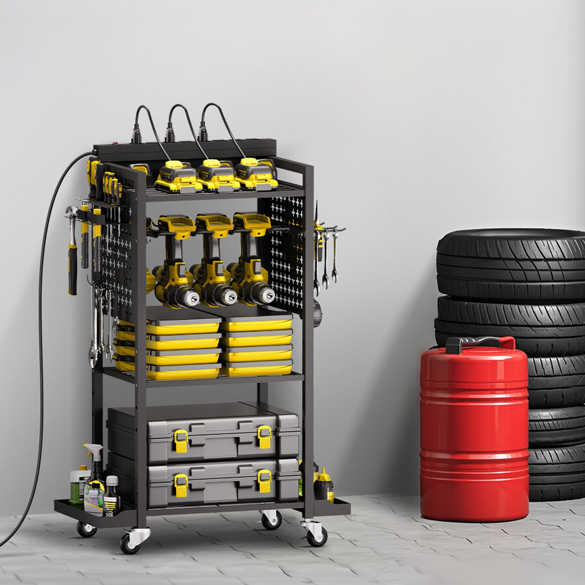 VEVOR 4-tier Tool Organizer Cart with Charging Station, 8 AC Outlet, Floor Stand Rolling Drill Holder and Tool Battery Storage Rack on Wheels, Garage Floor Rolling Storage Cart for Workshop, Garage - DDGJSNCDPC4CGN2YJV1 - view 9