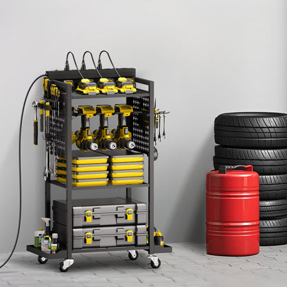 VEVOR 4-tier Tool Organizer Cart with Charging Station, 8 AC Outlet, Floor Stand Rolling Drill Holder and Tool Battery Storage Rack on Wheels, Garage Floor Rolling Storage Cart for Workshop, Garage - DDGJSNCDPC4CGN2YJV1 - view 9