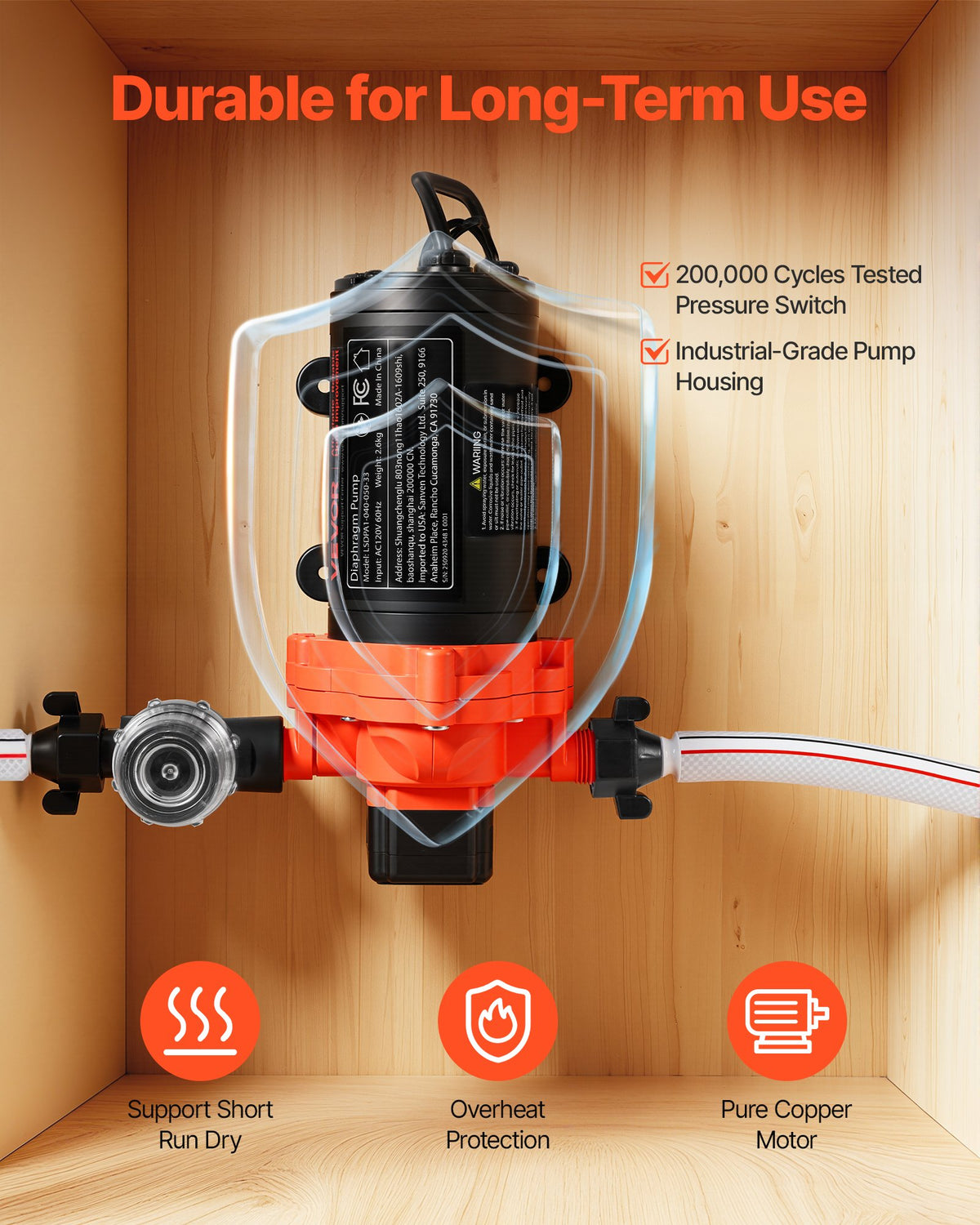 VEVOR Water Pressure Pump, 110V AC 4 GPM, 3-Chamber On Demand Electric Diaphragm Water Transfer Pump, 45 PSI Max Pressure, Automatic Pressure Switch, for Home Kitchen Garden Irrigation Car Washing - DDGMSBCGK110N88ET001V1 - view 6