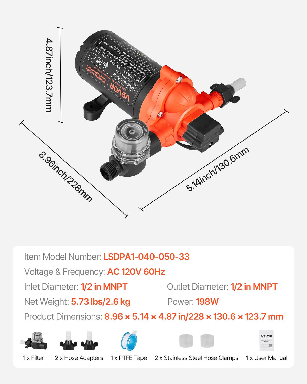 VEVOR Water Pressure Pump, 110V AC 4 GPM, 3-Chamber On Demand Electric Diaphragm Water Transfer Pump, 45 PSI Max Pressure, Automatic Pressure Switch, for Home Kitchen Garden Irrigation Car Washing - DDGMSBCGK110N88ET001V1 - view 8