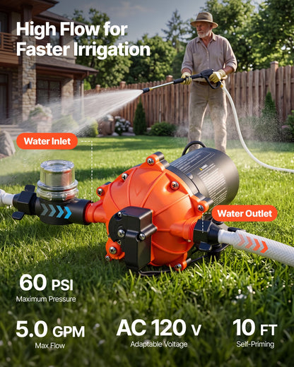 VEVOR Water Pressure Pump, 110V AC 5 GPM, 5-Chamber On Demand Electric Diaphragm Water Transfer Pump, 60 PSI Max Pressure, Automatic Pressure Switch, for Home Kitchen Garden Irrigation Car Washing - DDGMSBCGK110UKMA5001V1 - view 3
