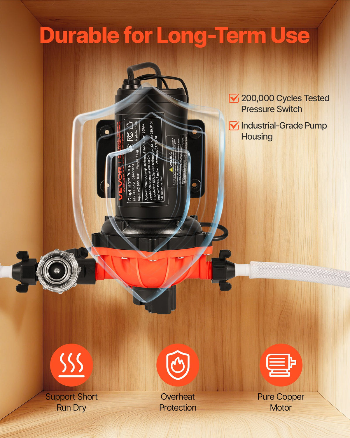 VEVOR Water Pressure Pump, 110V AC 5 GPM, 5-Chamber On Demand Electric Diaphragm Water Transfer Pump, 60 PSI Max Pressure, Automatic Pressure Switch, for Home Kitchen Garden Irrigation Car Washing - DDGMSBCGK110UKMA5001V1 - view 6