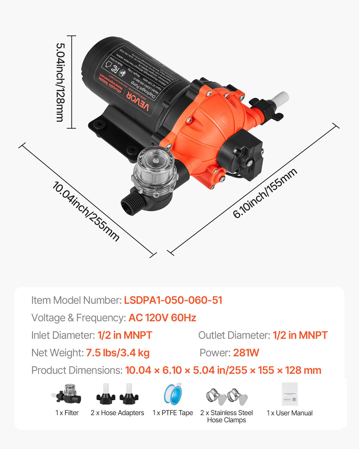 VEVOR Water Pressure Pump, 110V AC 5 GPM, 5-Chamber On Demand Electric Diaphragm Water Transfer Pump, 60 PSI Max Pressure, Automatic Pressure Switch, for Home Kitchen Garden Irrigation Car Washing - DDGMSBCGK110UKMA5001V1 - view 8