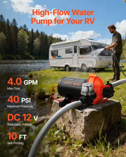 VEVOR RV Water Pump, 12V DC 4 GPM (15.1 L/min), 3-Chamber Self-Priming Diaphragm Water Pump with Automatic Pressure Switch, 40 PSI Max Pressure, On Demand for RV, Caravan, Marine, Yacht, Car Washing - DDGMSBCGK12VGJB8C001V9 - view 3