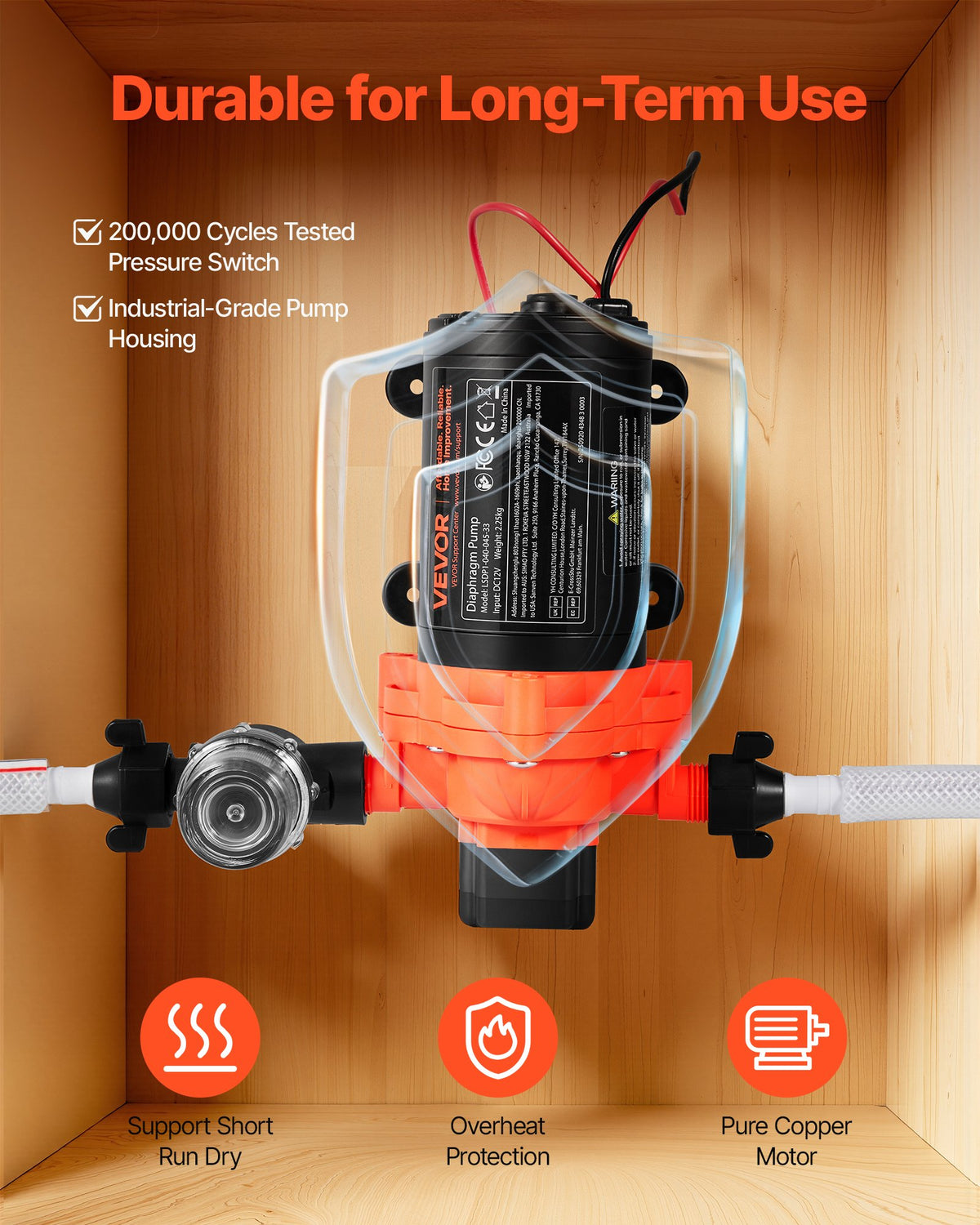 VEVOR RV Water Pump, 12V DC 4 GPM (15.1 L/min), 3-Chamber Self-Priming Diaphragm Water Pump with Automatic Pressure Switch, 40 PSI Max Pressure, On Demand for RV, Caravan, Marine, Yacht, Car Washing - DDGMSBCGK12VGJB8C001V9 - view 6