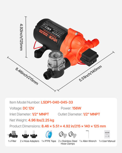 VEVOR RV Water Pump, 12V DC 4 GPM (15.1 L/min), 3-Chamber Self-Priming Diaphragm Water Pump with Automatic Pressure Switch, 40 PSI Max Pressure, On Demand for RV, Caravan, Marine, Yacht, Car Washing - DDGMSBCGK12VGJB8C001V9 - view 8
