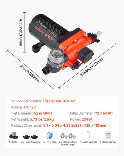 VEVOR RV Water Pump, 12V DC 6 GPM (22.7 L/min), 4-Chamber Self-Priming Diaphragm Water Pump with Automatic Pressure Switch, 70 PSI Max Pressure, On Demand for RV, Caravan, Marine, Yacht, Car Washing - DDGMSBCGK12VNWENN001V9 - view 8