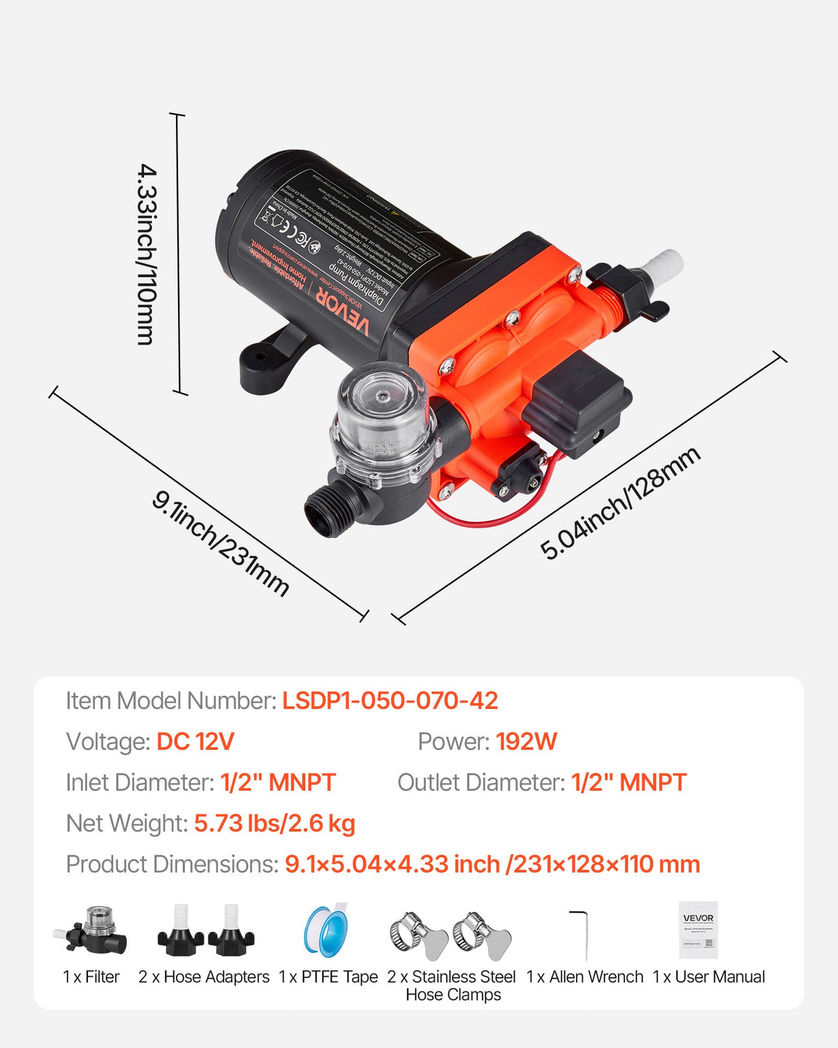 VEVOR RV Water Pump, 12V DC 5 GPM (18.9 L/min), 4-Chamber Self-Priming Diaphragm Water Pump with Automatic Pressure Switch, 70 PSI Max Pressure, On Demand for RV, Caravan, Marine, Yacht, Car Washing - DDGMSBCGK12VVRA9W001V9 - view 8