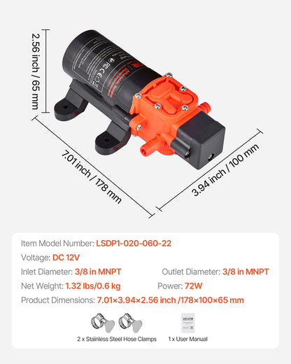 VEVOR Water Pressure Pump, 12V DC 1.2 GPM (4.5 L/min), 2-Chamber Self-Priming Diaphragm Water Pump with 2 Hose Clamps, 80 PSI Max Pressure, Quiet Operation, for RV, Caravan, Marine, Garden Irrigation - DDGMSBMNX12V9N79Y001V9 - view 8