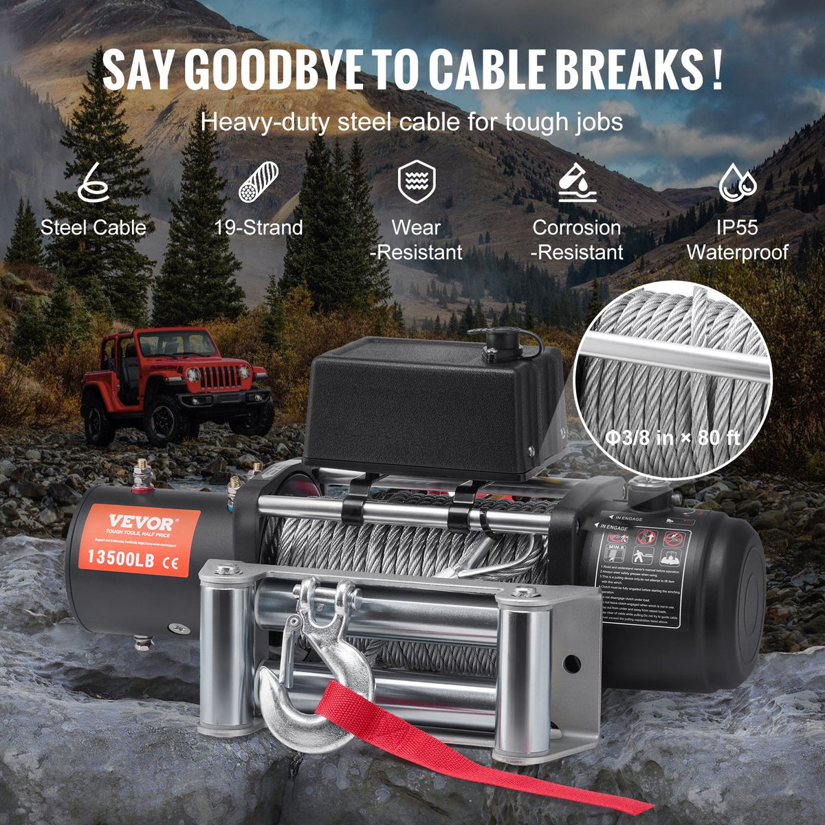 VEVOR Electric Winch, 13,500 lb, 12V DC Truck Winch with Φ3/8 in x 80 ft Steel Cable Roller Fairlead Wireless & Wired Remote Control, IP55 Waterproof for Towing Off-Road SUV Jeep Truck Trailer Boat - DDGSSJPYXWXYY665VV9 - view 5