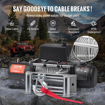 VEVOR Electric Winch, 13,500 lb, 12V DC Truck Winch with Φ3/8 in x 80 ft Steel Cable Roller Fairlead Wireless & Wired Remote Control, IP55 Waterproof for Towing Off-Road SUV Jeep Truck Trailer Boat - DDGSSJPYXWXYY665VV9 - view 5