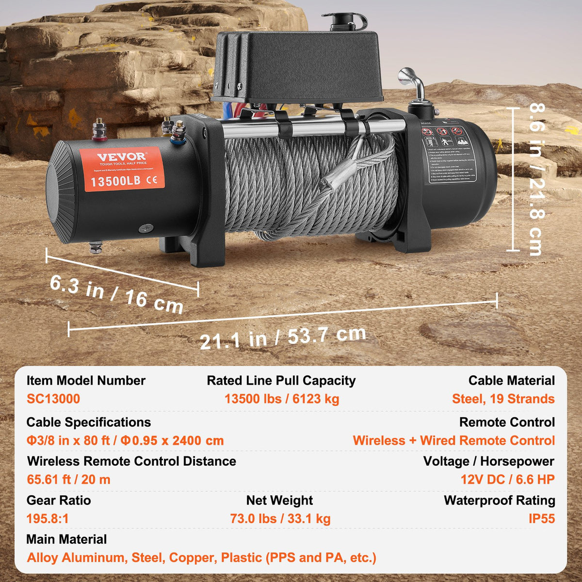 VEVOR Electric Winch, 13,500 lb, 12V DC Truck Winch with Φ3/8 in x 80 ft Steel Cable Roller Fairlead Wireless & Wired Remote Control, IP55 Waterproof for Towing Off-Road SUV Jeep Truck Trailer Boat - DDGSSJPYXWXYY665VV9 - view 8