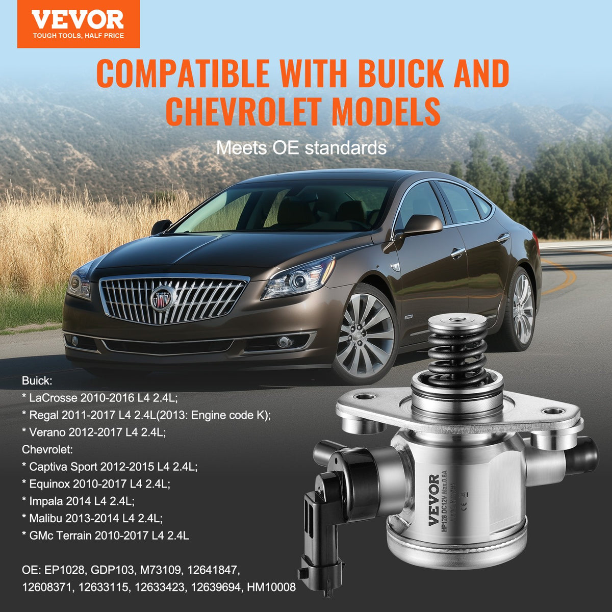 VEVOR High Pressure Fuel Pump with Gasket and Bolts, Compatible with Buick LaCrosse, Regal, Verano, Chevrolet Captiva Sport, Equinox, Impala, Malibu, GMC Terrain 2010-2017 L4 2.4L, Stainless Steel - DDGYRYBGYRYB18IHZV9 - view 3