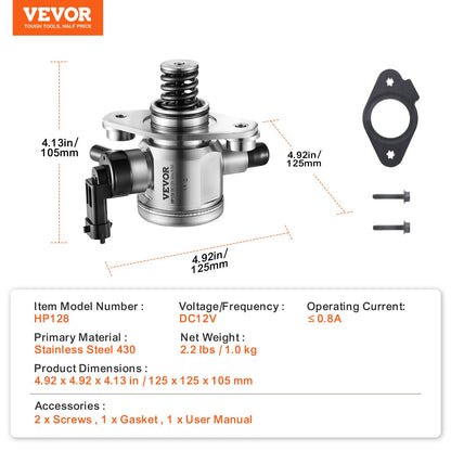 VEVOR High Pressure Fuel Pump with Gasket and Bolts, Compatible with Buick LaCrosse, Regal, Verano, Chevrolet Captiva Sport, Equinox, Impala, Malibu, GMC Terrain 2010-2017 L4 2.4L, Stainless Steel - DDGYRYBGYRYB18IHZV9 - view 8