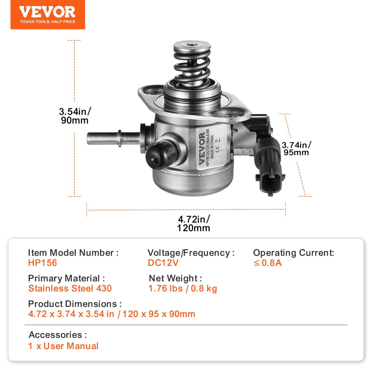 VEVOR High Pressure Fuel Pump, Compatible with Hyundai Accent/Sonata, Tucson, Veloster, and Kia Forte5, Optima, Rio 2015-2017 L4 1.6L, Replace GDP404, M73176, 353202B220, 35320-2B220, HM10054 - DDGYRYBGYRYBZUDAXV9 - view 8