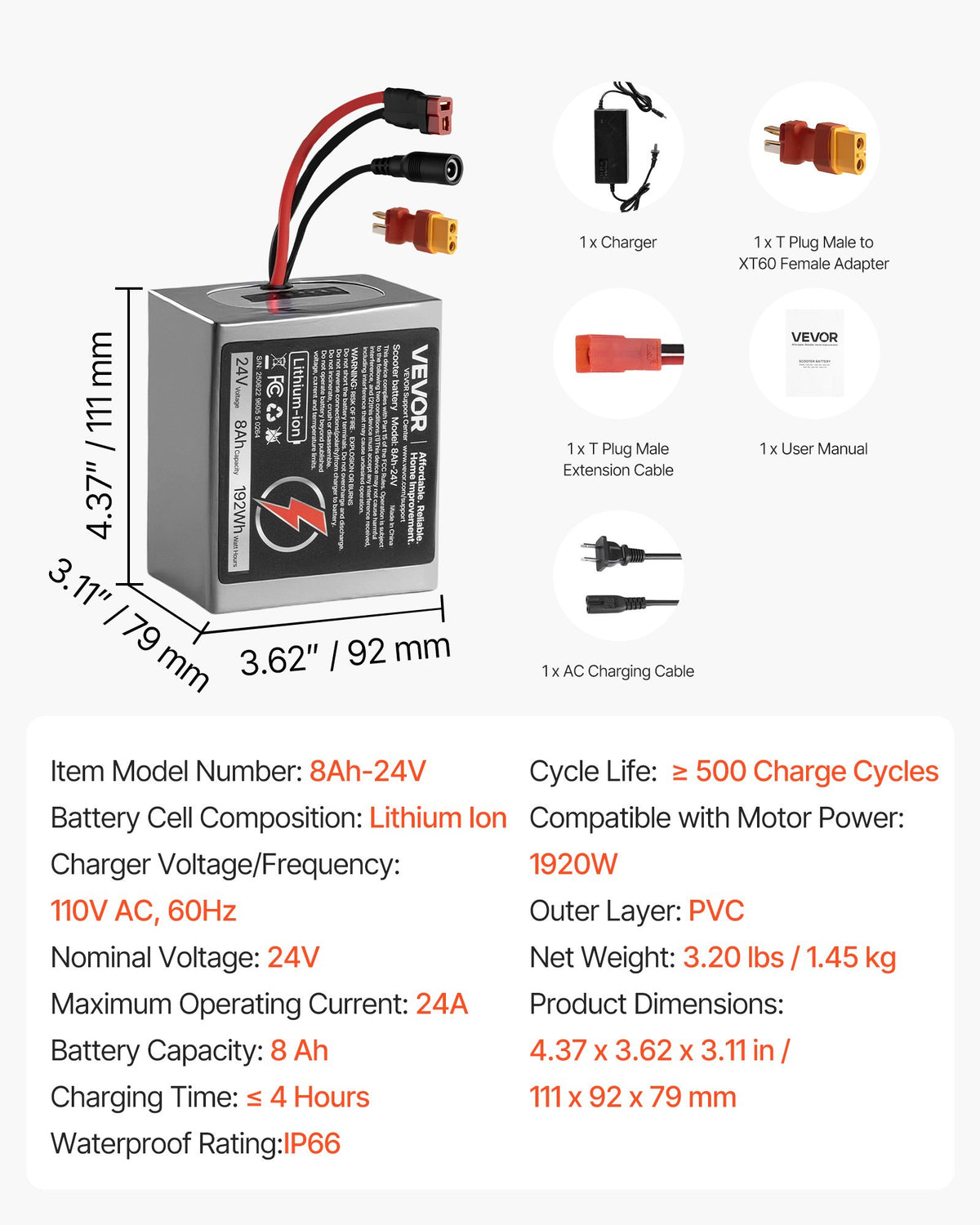 VEVOR 24V Electric Scooter Battery, 8Ah, Ebike Lithium Battery Pack with 30A BMS, Charger, T-Plug Expansion Cable, 500+ Cycles, Compatible with 1920W Motors, for Electric Bikes Bicycles, Scooters - DDHBCDC24V8A9BSJH001V1 - view 8