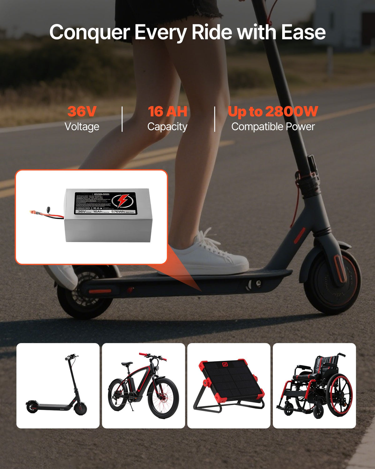 VEVOR 36V Electric Scooter Battery, 16Ah, Ebike Lithium Battery Pack with 30A BMS, Charger, T-Plug Expansion Cable, 500+ Cycles, Compatible with 2880W Motors, for Electric Bikes Bicycles, Scooters - DDHBCDC36V16Q06PS001V1 - view 3