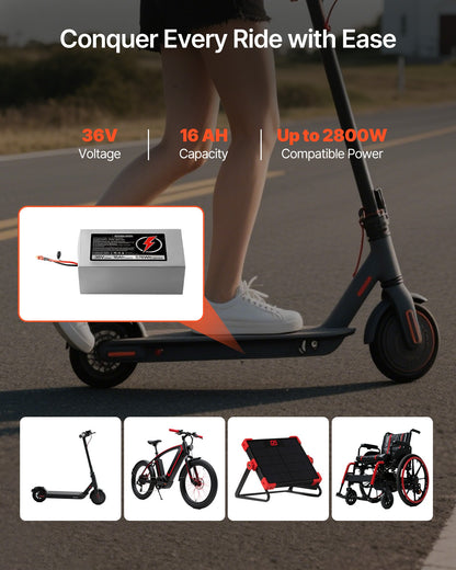 VEVOR 36V Electric Scooter Battery, 16Ah, Ebike Lithium Battery Pack with 30A BMS, Charger, T-Plug Expansion Cable, 500+ Cycles, Compatible with 2880W Motors, for Electric Bikes Bicycles, Scooters - DDHBCDC36V16Q06PS001V1 - view 3