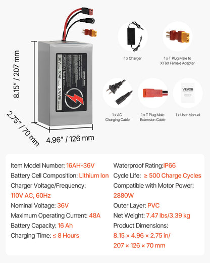 VEVOR 36V Electric Scooter Battery, 16Ah, Ebike Lithium Battery Pack with 30A BMS, Charger, T-Plug Expansion Cable, 500+ Cycles, Compatible with 2880W Motors, for Electric Bikes Bicycles, Scooters - DDHBCDC36V16Q06PS001V1 - view 8