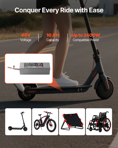 VEVOR 48V Electric Scooter Battery, 10Ah, Ebike Lithium Battery Pack with 30A BMS, Charger, T-Plug Expansion Cable, 500+ Cycles, Compatible with 2400W Motors, for Electric Bikes Bicycles, Scooters - DDHBCDC48V10T0WHA001V1 - view 3