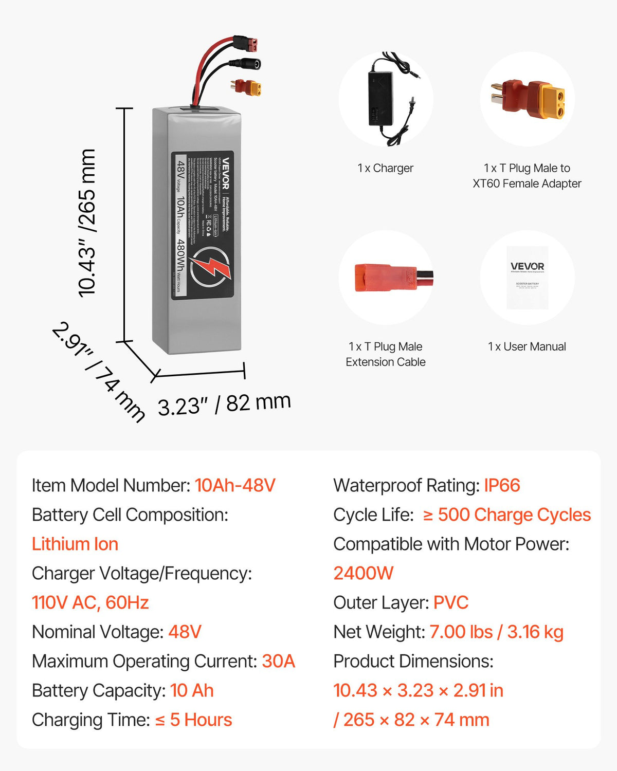VEVOR 48V Electric Scooter Battery, 10Ah, Ebike Lithium Battery Pack with 30A BMS, Charger, T-Plug Expansion Cable, 500+ Cycles, Compatible with 2400W Motors, for Electric Bikes Bicycles, Scooters - DDHBCDC48V10T0WHA001V1 - view 8