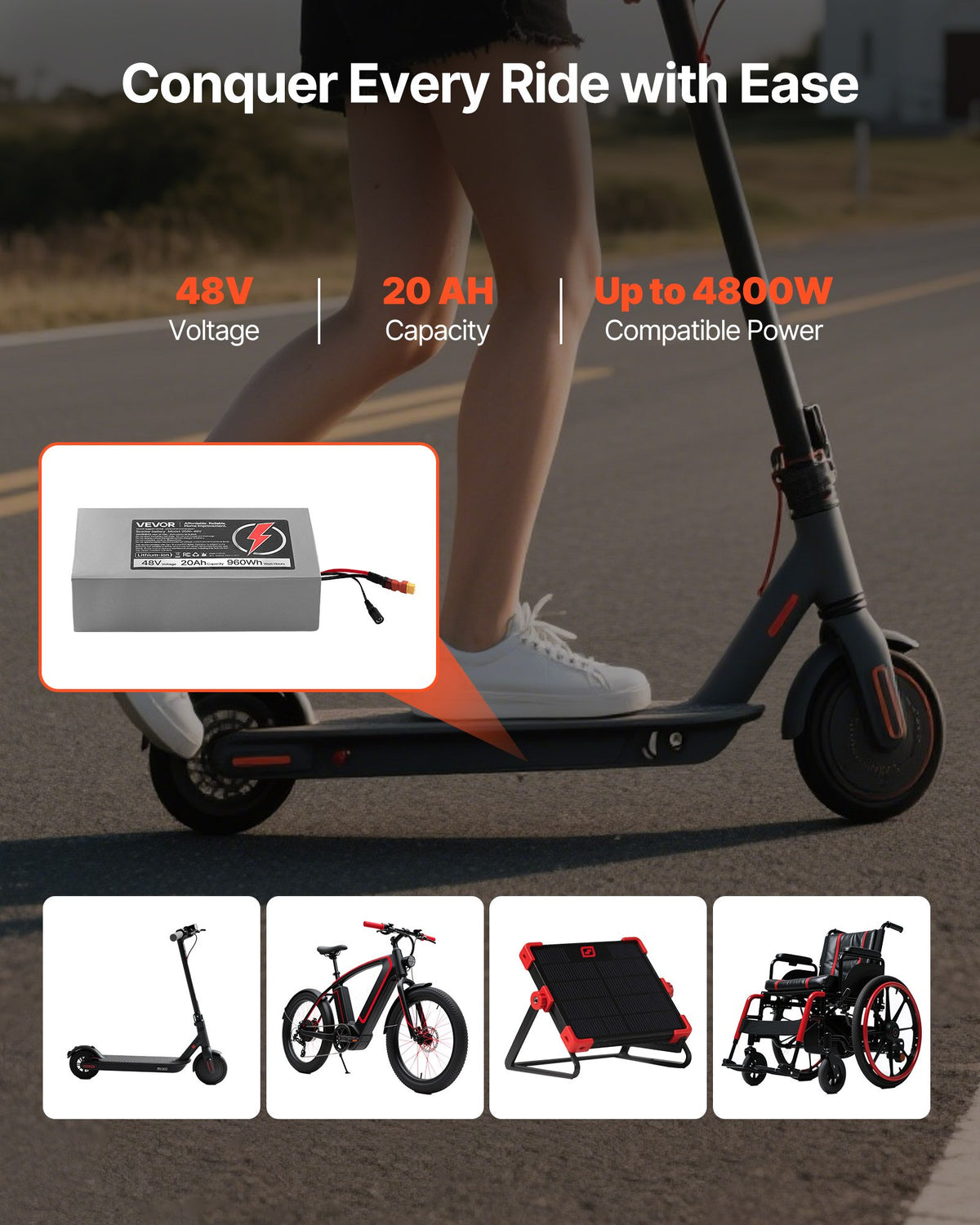 VEVOR 48V Electric Scooter Battery, 20Ah, Ebike Lithium Battery Pack with 30A BMS, Charger, T-Plug Expansion Cable, 500+ Cycles, Compatible with 4800W Motors, for Electric Bikes Bicycles, Scooters - DDHBCDC48V201J6U6001V1 - view 3