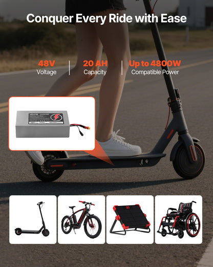 VEVOR 48V Electric Scooter Battery, 20Ah, Ebike Lithium Battery Pack with 30A BMS, Charger, T-Plug Expansion Cable, 500+ Cycles, Compatible with 4800W Motors, for Electric Bikes Bicycles, Scooters - DDHBCDC48V201J6U6001V1 - view 3