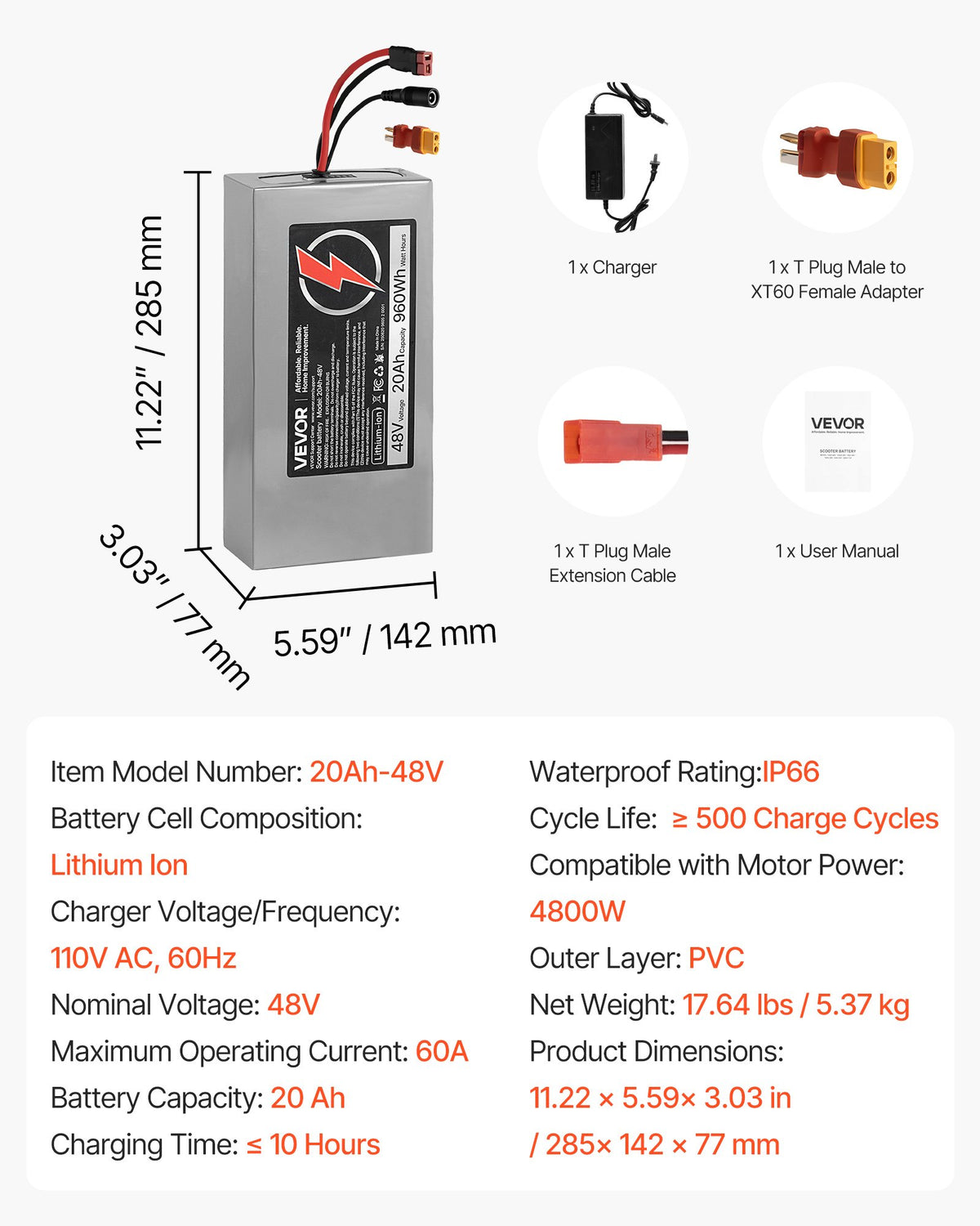 VEVOR 48V Electric Scooter Battery, 20Ah, Ebike Lithium Battery Pack with 30A BMS, Charger, T-Plug Expansion Cable, 500+ Cycles, Compatible with 4800W Motors, for Electric Bikes Bicycles, Scooters - DDHBCDC48V201J6U6001V1 - view 8