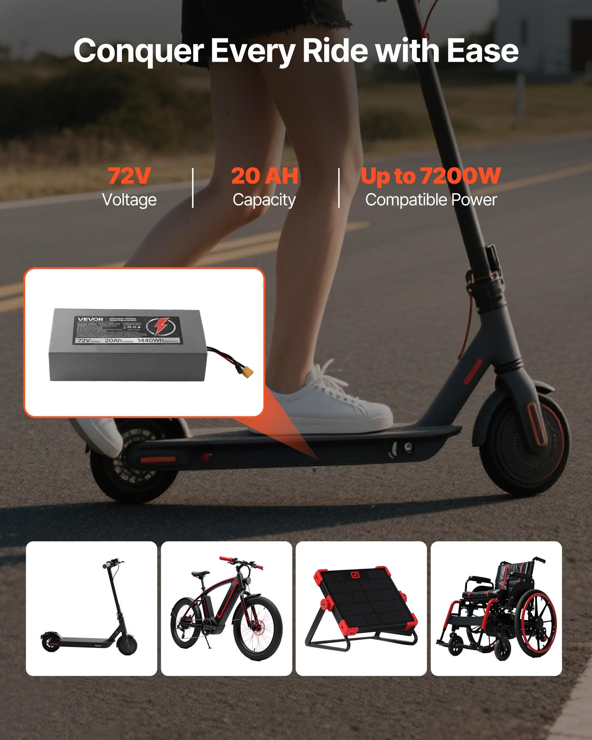VEVOR 72V Electric Scooter Battery, 20Ah, Ebike Lithium Battery Pack with 50A BMS, Charger, T-Plug Expansion Cable, 500+ Cycles, Compatible with 7200W Motors, for Electric Bikes Bicycles, Scooters - DDHBCDC72V20KQFYG001V1 - view 3