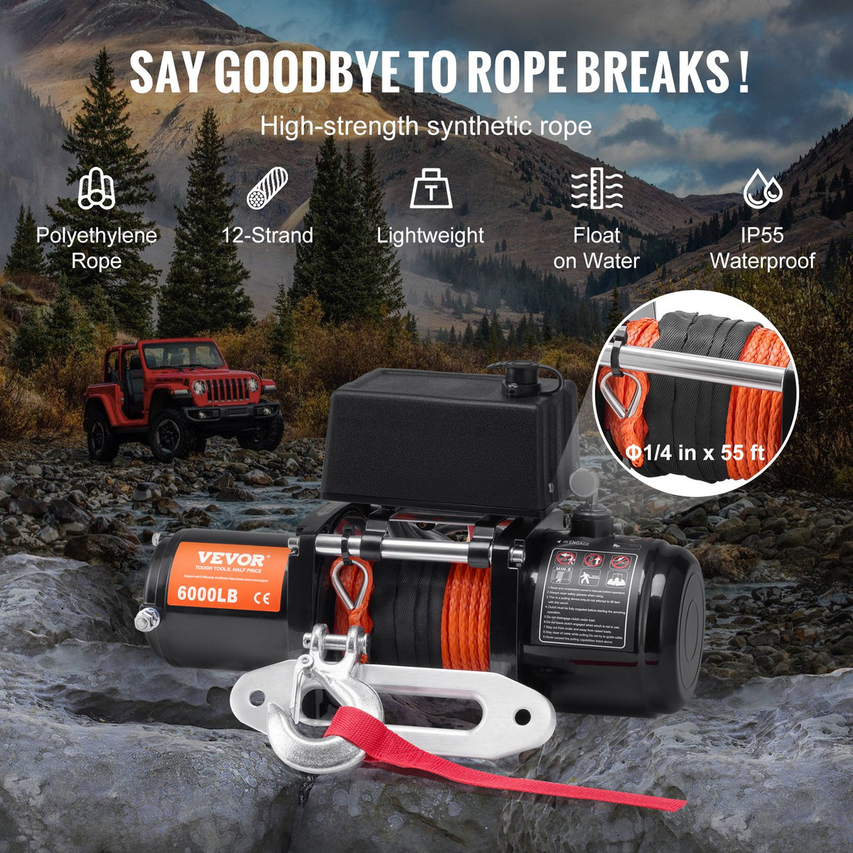 VEVOR Electric Winch, 6000 lb, 12V DC Truck Winch with Φ1/4 in x 55 ft Synthetic Rope Aluminum Fairlead Wireless & Wired Remote Control, IP55 Waterproof for Towing Off-Road SUV Truck Jeep Trailer Boat - DDHCSJPYXWXYZAFQNV9 - view 5