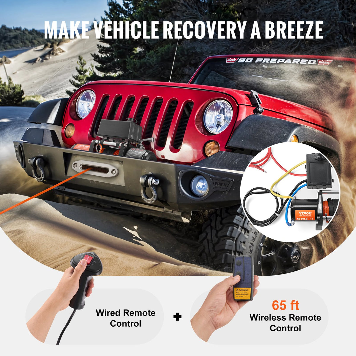 VEVOR Electric Winch, 6000 lb, 12V DC Truck Winch with Φ1/4 in x 55 ft Synthetic Rope Aluminum Fairlead Wireless & Wired Remote Control, IP55 Waterproof for Towing Off-Road SUV Truck Jeep Trailer Boat - DDHCSJPYXWXYZAFQNV9 - view 6
