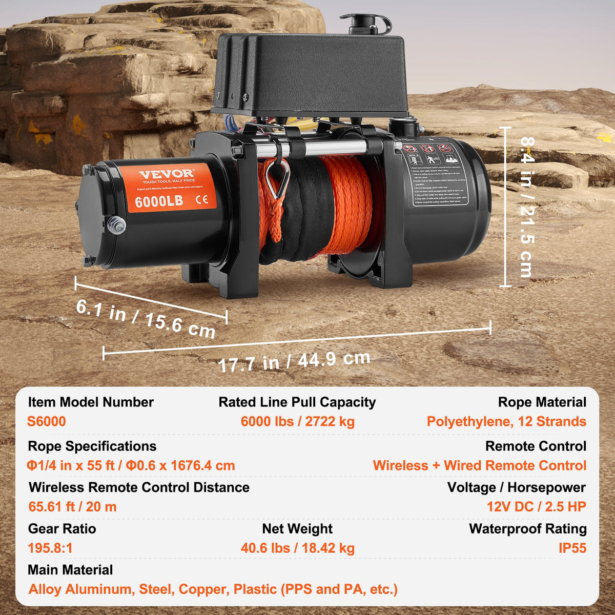 VEVOR Electric Winch, 6000 lb, 12V DC Truck Winch with Φ1/4 in x 55 ft Synthetic Rope Aluminum Fairlead Wireless & Wired Remote Control, IP55 Waterproof for Towing Off-Road SUV Truck Jeep Trailer Boat - DDHCSJPYXWXYZAFQNV9 - view 8