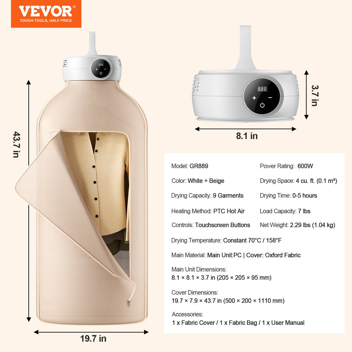 VEVOR Portable Clothes Dryer, Clothes Dryer with Dryer Bag, PTC Heating & LED Display, Foldable Mini Dryer with 5-H Timer for Apartments, Dorms, RVs, or Hotels, 600W, Beige - DDHGJBXS600WXGG14V1 - view 8