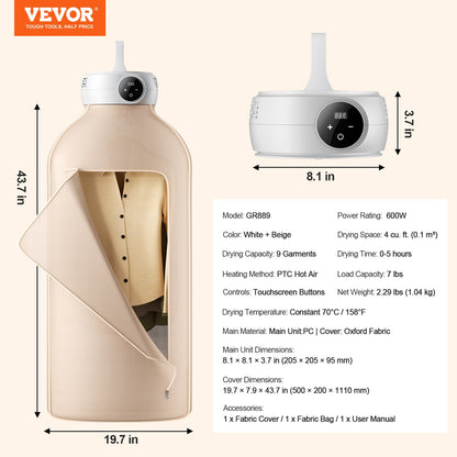 VEVOR Portable Clothes Dryer, Clothes Dryer with Dryer Bag, PTC Heating & LED Display, Foldable Mini Dryer with 5-H Timer for Apartments, Dorms, RVs, or Hotels, 600W, Beige - DDHGJBXS600WXGG14V1 - view 8