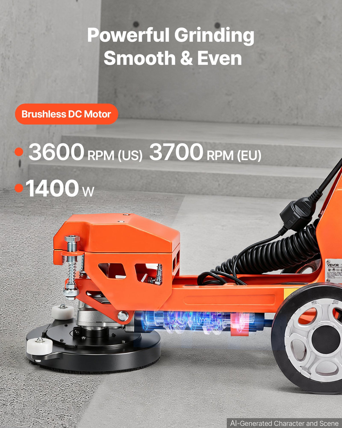 VEVOR Electric Concrete Grinder, 1400W 3600 RPM, Walk Behind Floor Polisher, Marble, Stone, Epoxy Floor Polishing, 7 in Grinding Disc, Adjustable Handle, with Vacuum Port, Dual Debris Control, Orange - DDHNTYMJ1600XZFX2001V1 - view 4