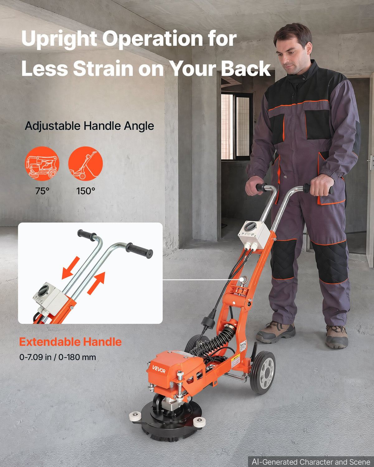 VEVOR Electric Concrete Grinder, 1400W 3600 RPM, Walk Behind Floor Polisher, Marble, Stone, Epoxy Floor Polishing, 7 in Grinding Disc, Adjustable Handle, with Vacuum Port, Dual Debris Control, Orange - DDHNTYMJ1600XZFX2001V1 - view 5