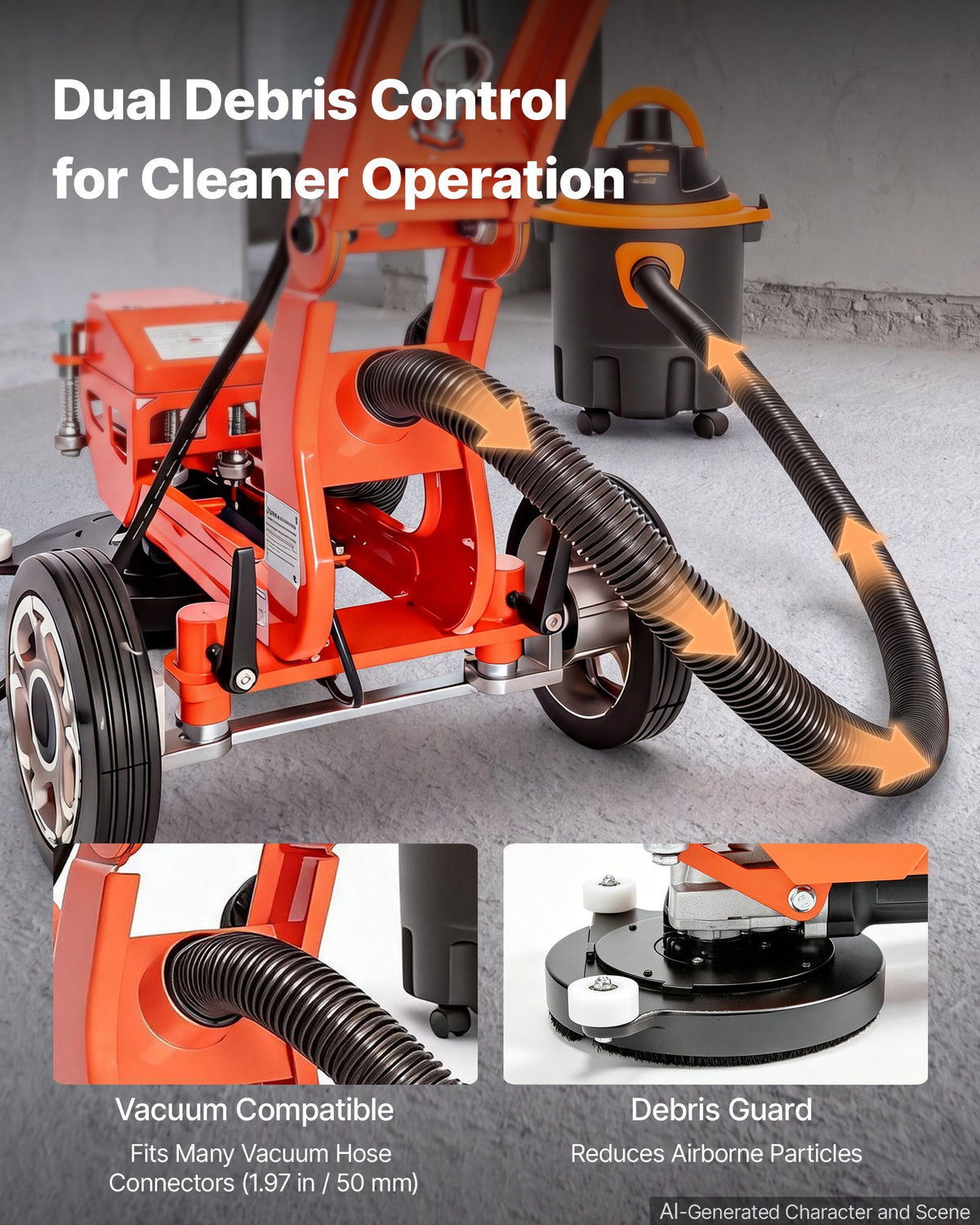 VEVOR Electric Concrete Grinder, 1400W 3600 RPM, Walk Behind Floor Polisher, Marble, Stone, Epoxy Floor Polishing, 7 in Grinding Disc, Adjustable Handle, with Vacuum Port, Dual Debris Control, Orange - DDHNTYMJ1600XZFX2001V1 - view 6