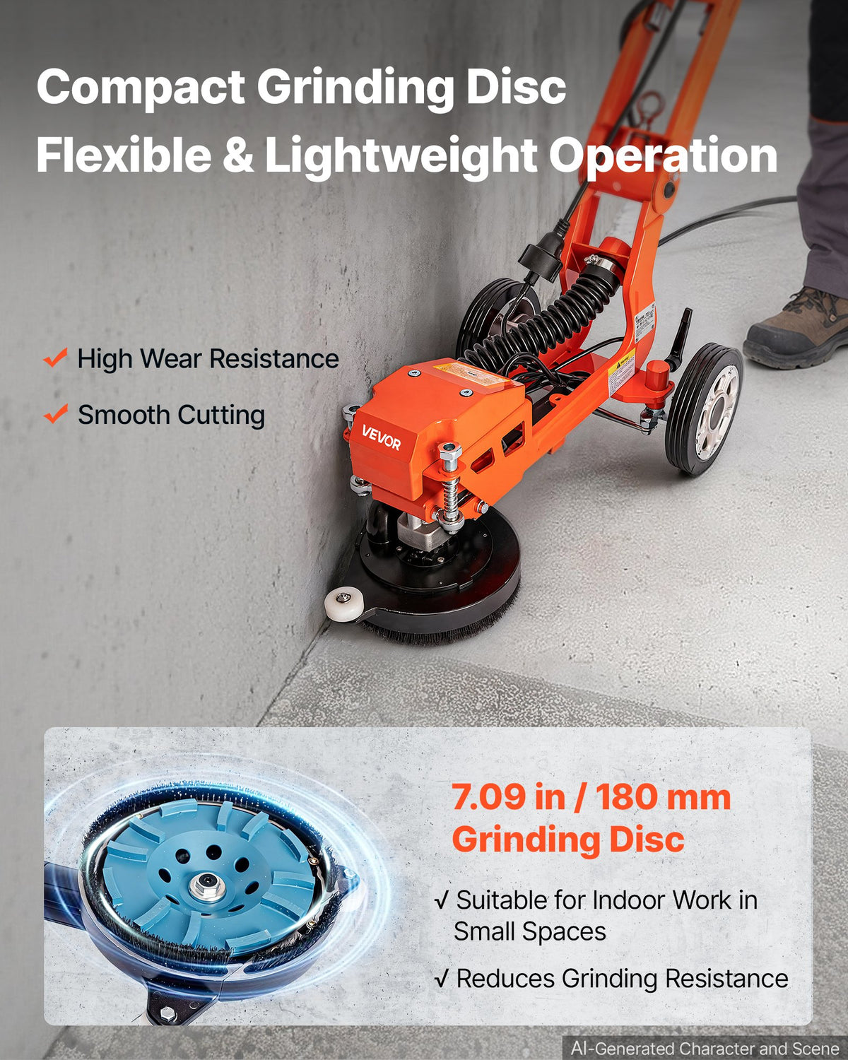 VEVOR Electric Concrete Grinder, 1400W 3600 RPM, Walk Behind Floor Polisher, Marble, Stone, Epoxy Floor Polishing, 7 in Grinding Disc, Adjustable Handle, with Vacuum Port, Dual Debris Control, Orange - DDHNTYMJ1600XZFX2001V1 - view 7