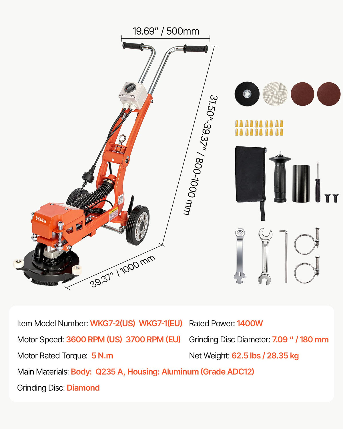 VEVOR Electric Concrete Grinder, 1400W 3600 RPM, Walk Behind Floor Polisher, Marble, Stone, Epoxy Floor Polishing, 7 in Grinding Disc, Adjustable Handle, with Vacuum Port, Dual Debris Control, Orange - DDHNTYMJ1600XZFX2001V1 - view 8